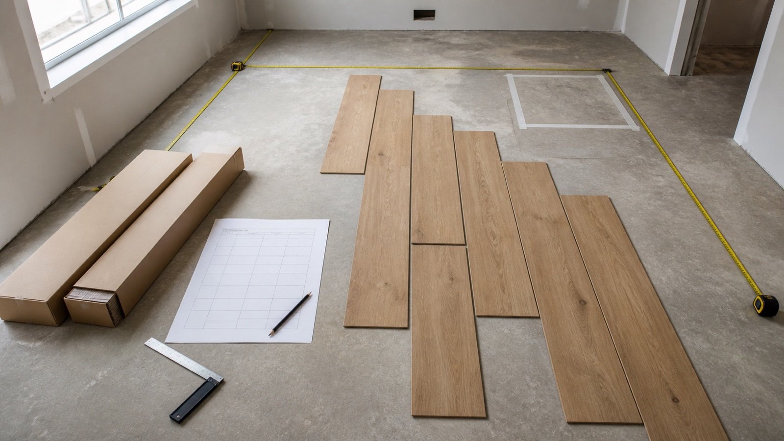 Measured unfinished rectangular room with loose flooring planks, a marked excluded zone, plain boxes, a square and a blank quantity sheet.