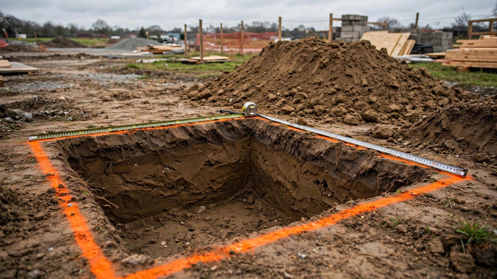A freshly dug square footing pit with a tape measure across its edge and the excavated spoil pile beside it.