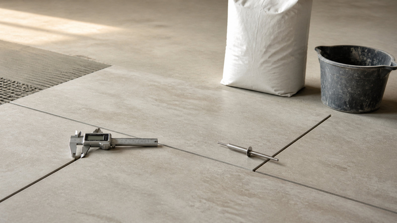Large rectangular floor tiles with open joints, a caliper, a depth gauge, a plain grout package and a mixing pail.