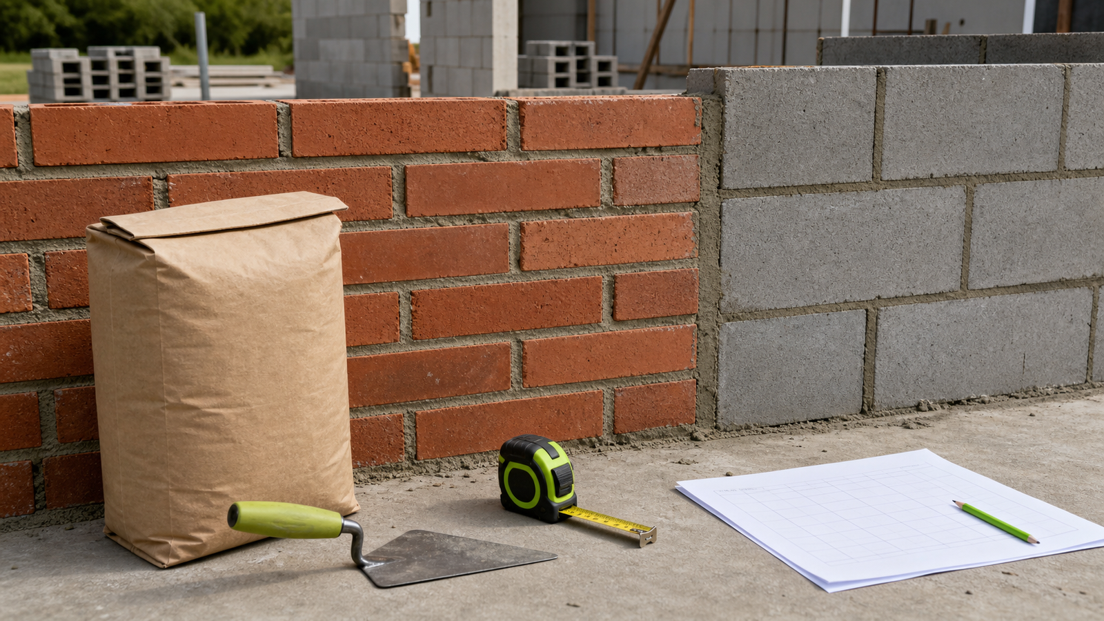 Partially built brick and concrete block walls beside a plain mortar bag, masonry trowel, tape measure and quantity sheet.