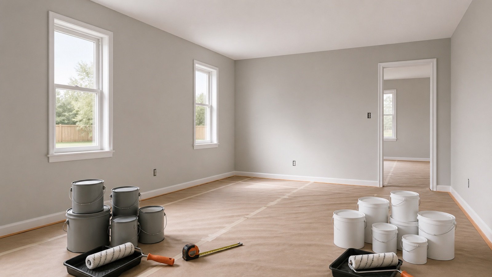 Prepared rectangular room with two windows, a doorway, separate plain paint-container groups, rollers and a tape measure.