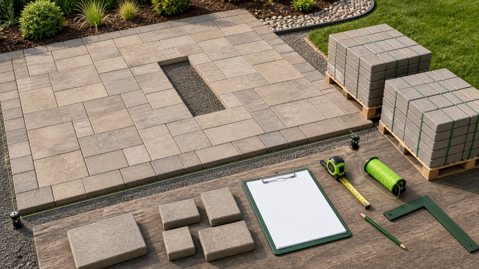 Measured paver field with a rectangular excluded zone, two organized paver bundles, loose paver samples and a blank quantity sheet.