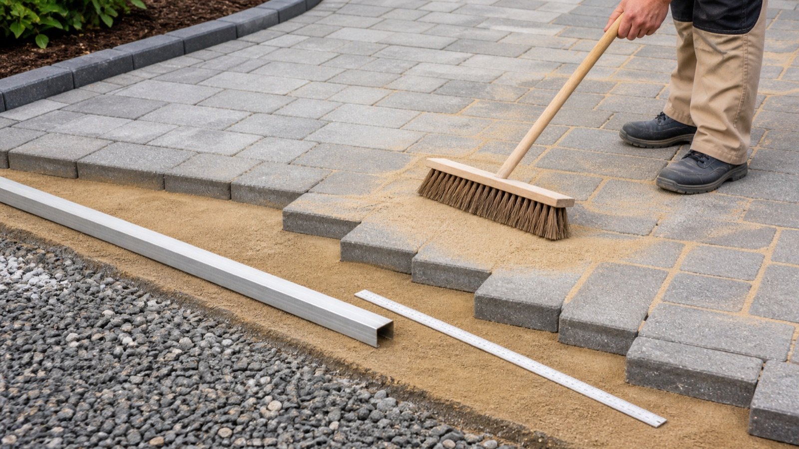 Partly installed concrete pavers showing aggregate base, screeded bedding sand and joint sand being swept across the finished surface