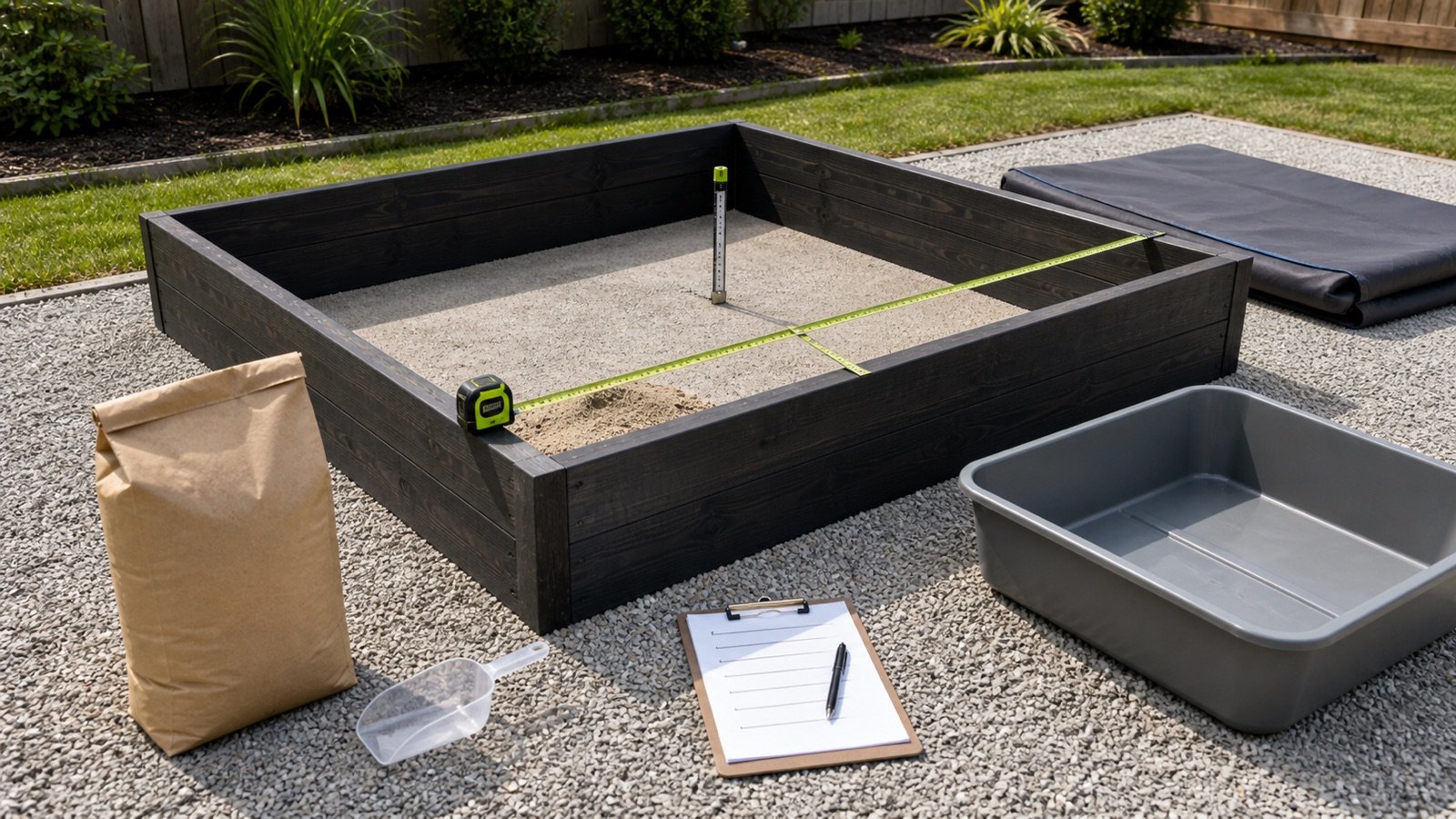 Rectangular sandbox measured across its inside faces with a tape and depth gauge beside an unbranded play-sand bag and cover
