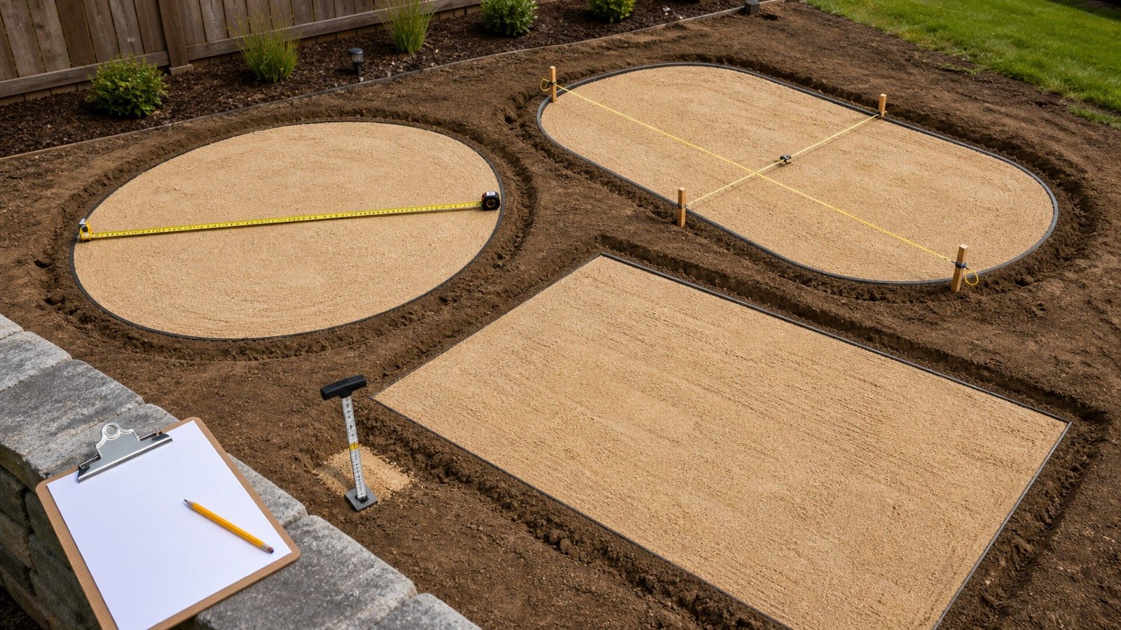 Round, racetrack-oval and rectangular pool-base footprints measured with a tape and depth gauge before sand quantity calculation