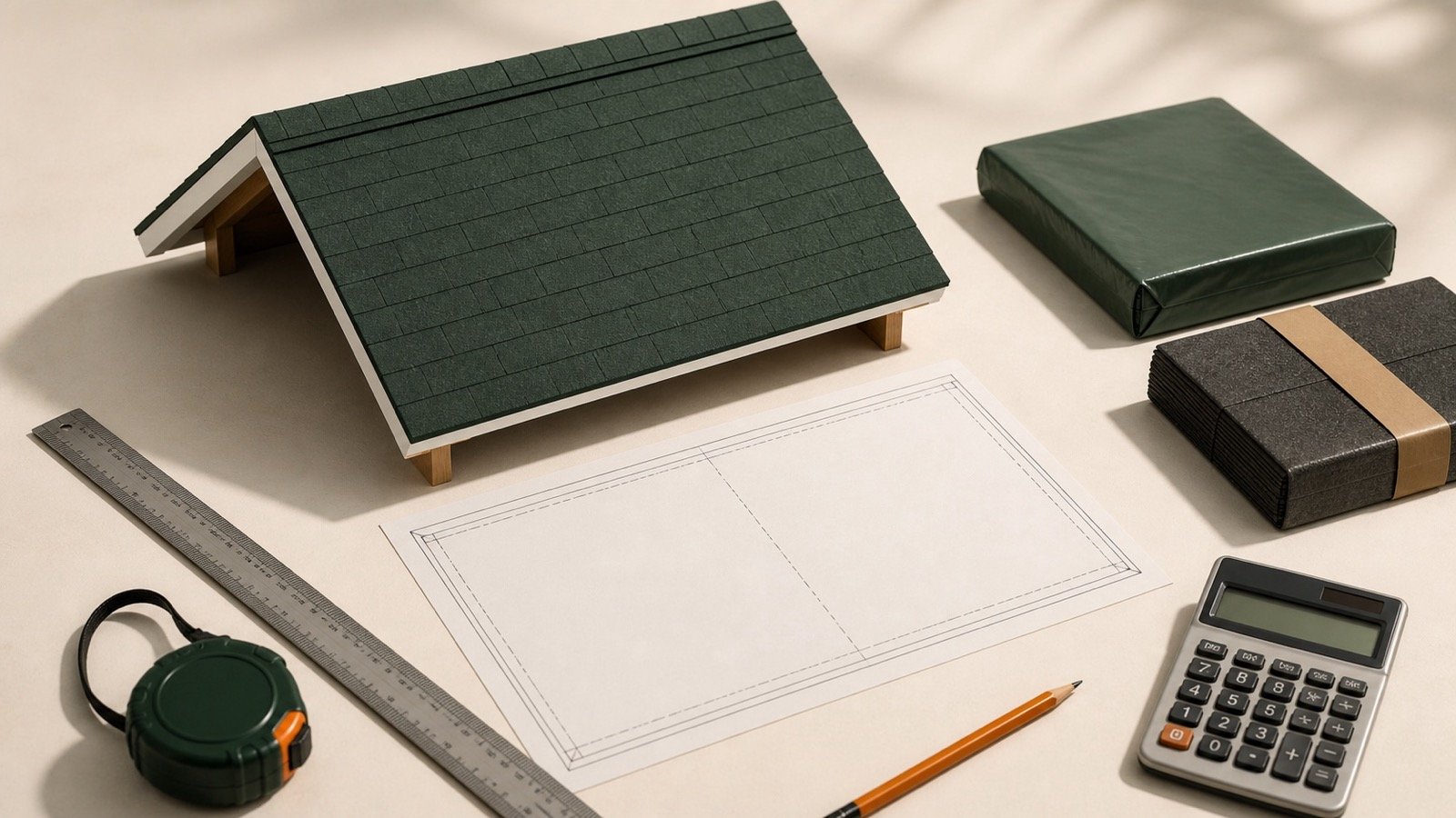 Scale model of a simple gable roof beside a rectangular roof plan, plain packages, ruler, tape measure and calculator.