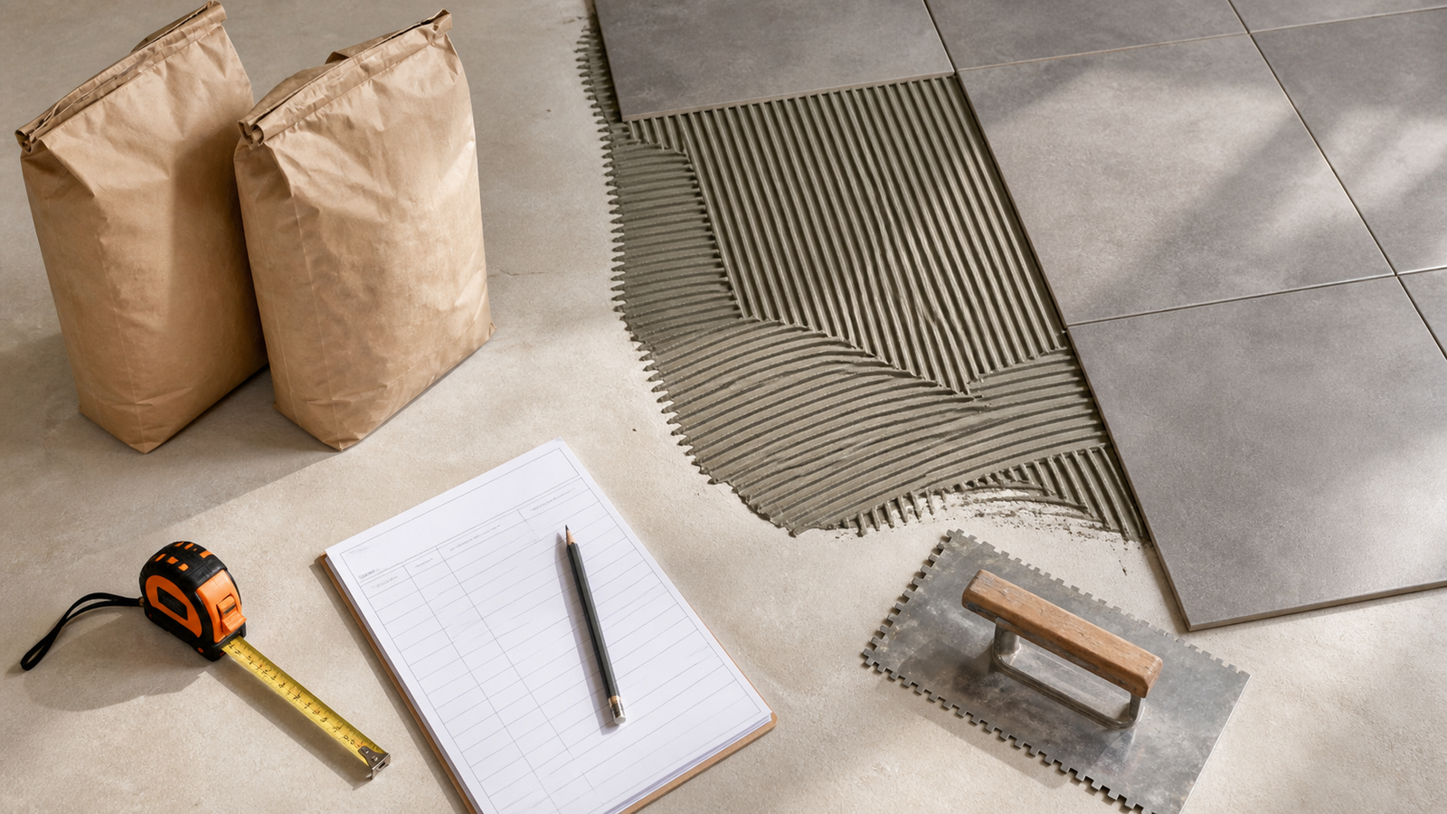 Partially tiled floor with visible adhesive ridges, plain mortar bags, a notched trowel, tape measure and quantity worksheet.
