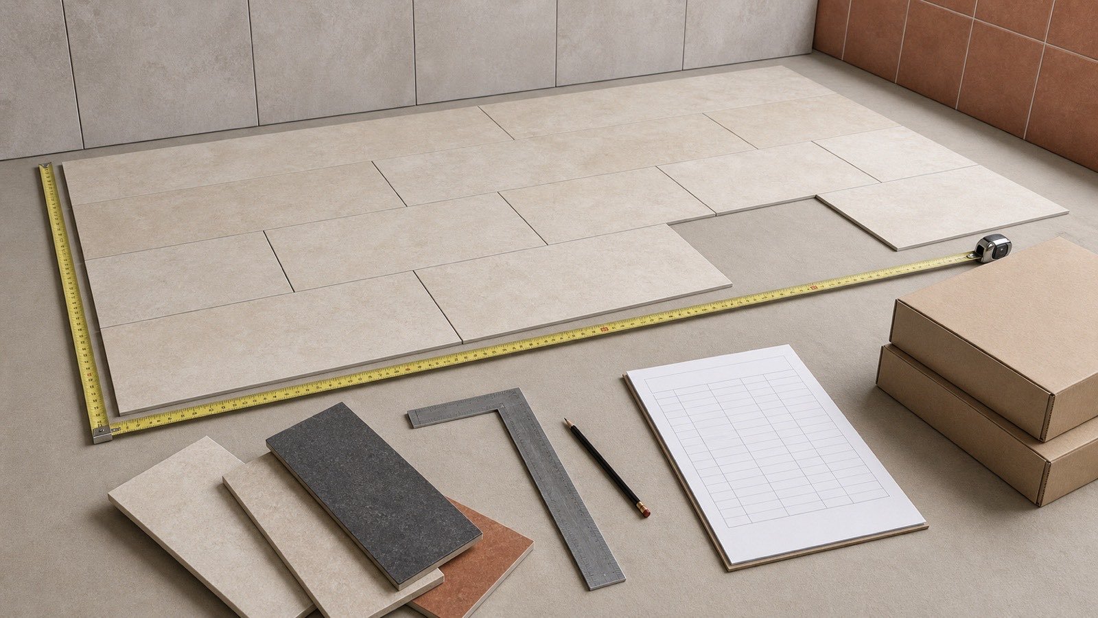 Measured rectangular tile field with an excluded zone, loose tile samples, plain cartons, a square and a blank quantity sheet.