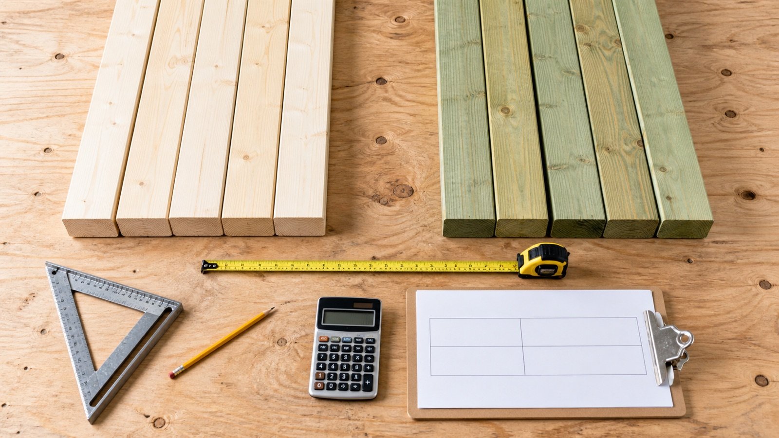 Separate groups of untreated top-plate lumber and green-tinted treated bottom-plate lumber beside measuring and ordering tools.