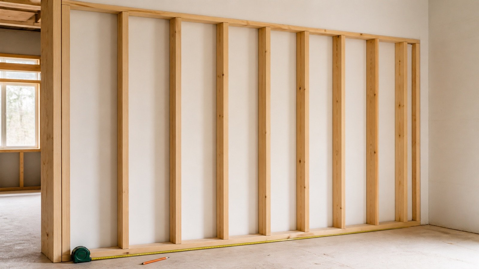 Straight timber wall frame with repeated field studs, a tape measure and a final shorter spacing bay at the wall end.